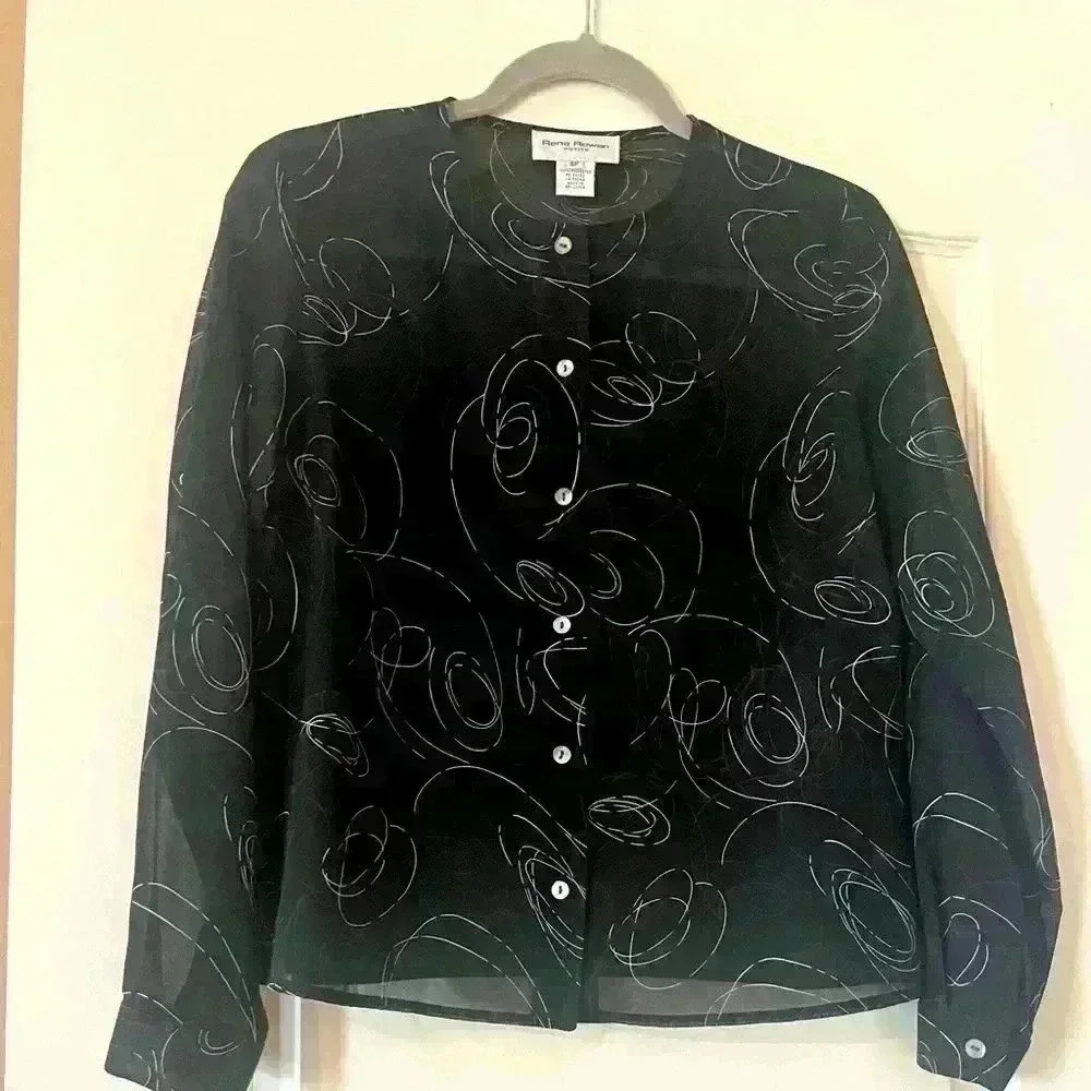 EUC Rena Rowan Black Sheer Button Down Blouse Women’s size 8 P